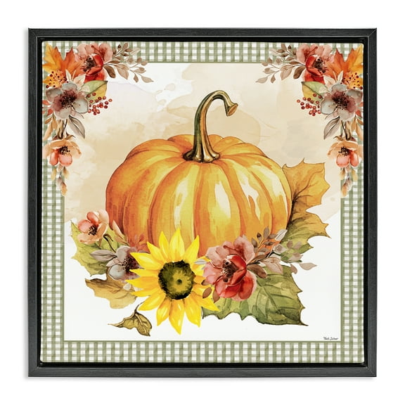 Stupell Industries Pumpkin with Flower Accent Botanical & Floral Painting Black Floater Framed Canvas Art Prints Wall Art, 18 x 18