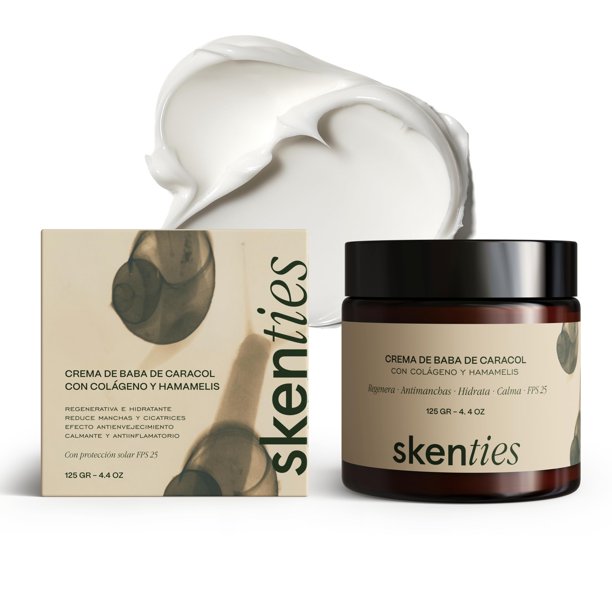 Skenties Crema Facial de Baba de Caracol con Colágeno y Hamamelis 125 g – Hidratante Ligera con FPS 25, Control de Brillos y Glow Natural