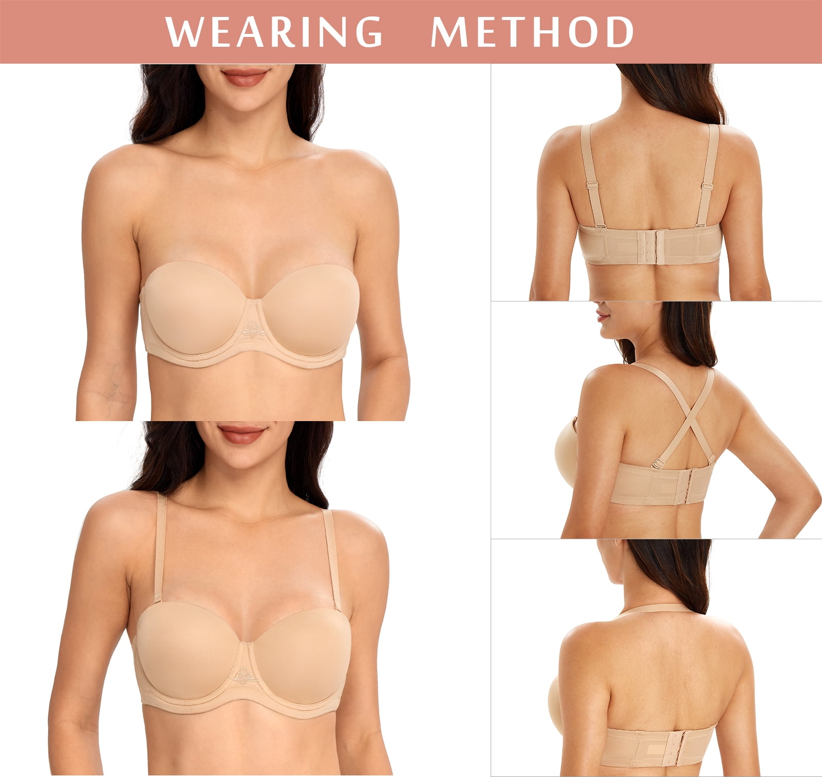 Exerin Women's Strapless Bras Full Coverage Underwire Multiway Convertible Plus Size Bra(36DD,Pecan)