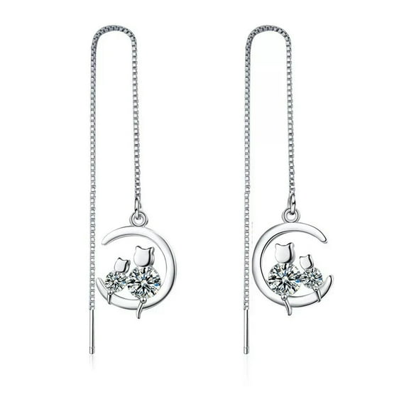 K-KED Cat Crystal Drop Dangle Long Earrings 925 Silver Womens Jewellery