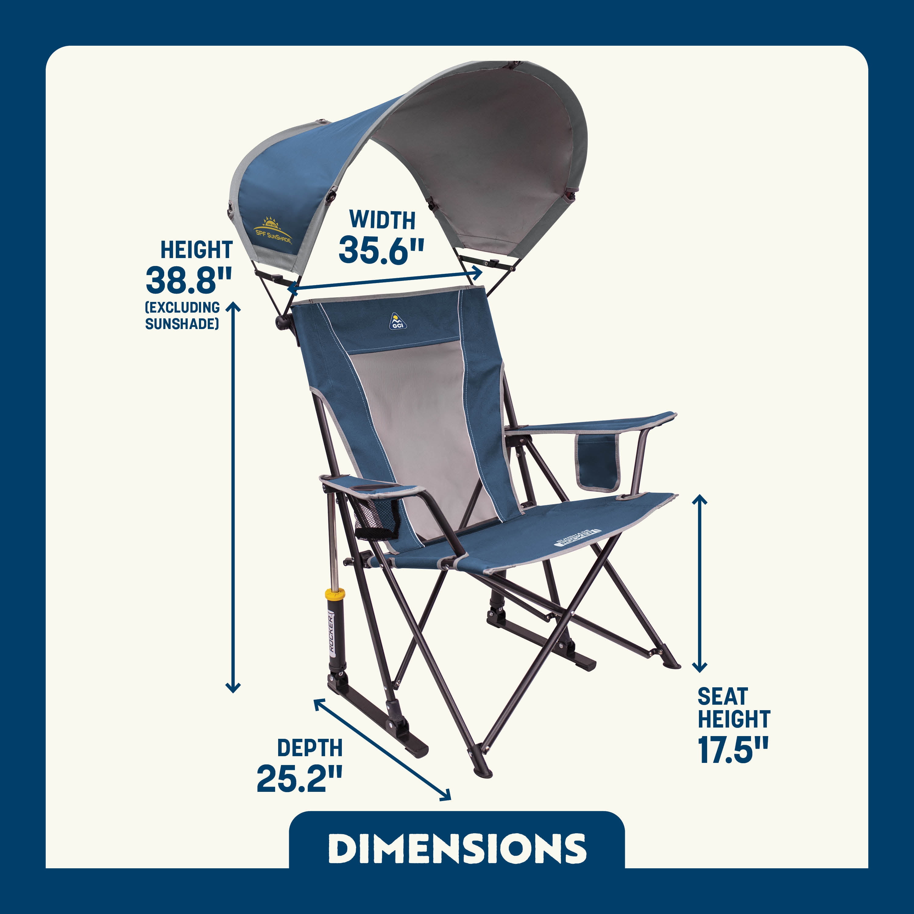 GCI Outdoor SunShade Rocker Foldable Rocking Camp Chair with Shade Canopy, Neptune Blue