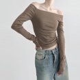 thumbnail image 4 of New fashionable one-shoulder sexy off-shoulder slim long-sleeved T-shirt slim solid color versatile short top-gray green-L, 4 of 8