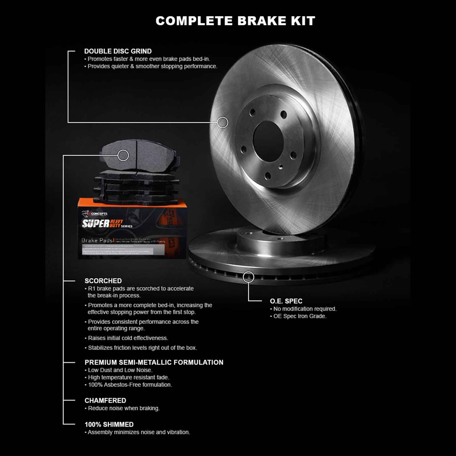 R1 Concepts Front Brakes and Rotors Kit |Front Brake Pads| Brake Rotors and Pads| Super Duty Brake Pads and Rotors WFXN1-99432