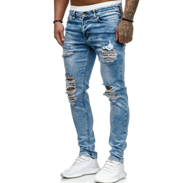 Ukap Men S Slim Jeans Stretchy Taped Slim Fit Jeans Ripped Skinny Biker Jeans Taped Denim Pants Walmart Com Walmart Com