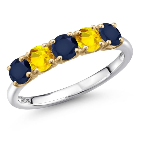 Gem Stone King 925 Silver and 10K Yellow Gold Blue Sapphire and Yellow Sapphire Wedding-Bands Ring for Women | 1.77 Cttw | Round 4MM | Gemstone September Birthstone | Size 6