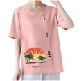 thumbnail image 2 of Lydiaunistar Hauts de Printemps pour Femmes Grande Taille Blouse Décontractée à Manches Courtes Imprimée Boutonnée, T-Shirt Col Rond en Polyester pour Femmes, Haut de Mode Polyvalent Rose, 2 of 6