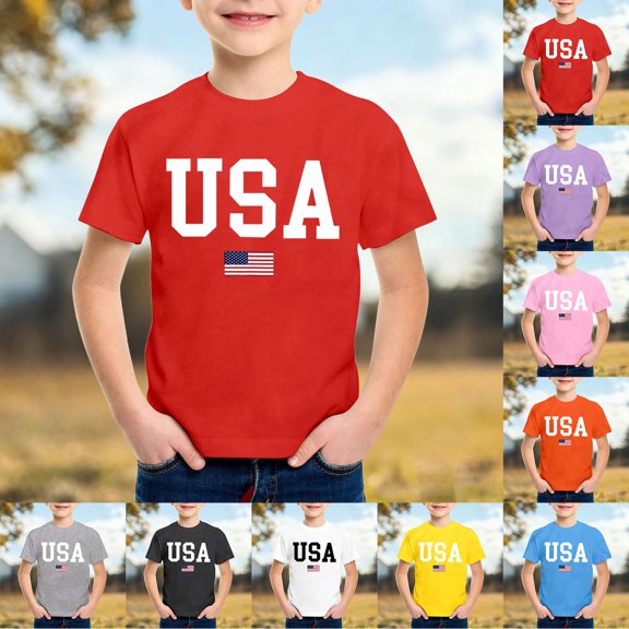 Bainana Child Boy'S Independence Day Summer Outfits Letter Print Short Sleeve Crew Neck Shirts Comfortable Soft Little Toddler Kids Festival Pullover T-Shirt Black Size 3-4 Years