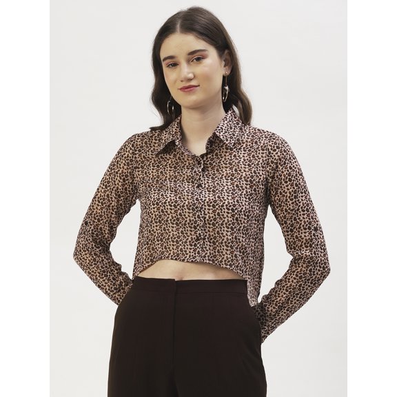 DressBerry Women's Printed Poly Georgette Full Sleeves Collared Neck Top Buttoned Closure High Low Hem Casual Summer Wear Waist Length Regular Shirt