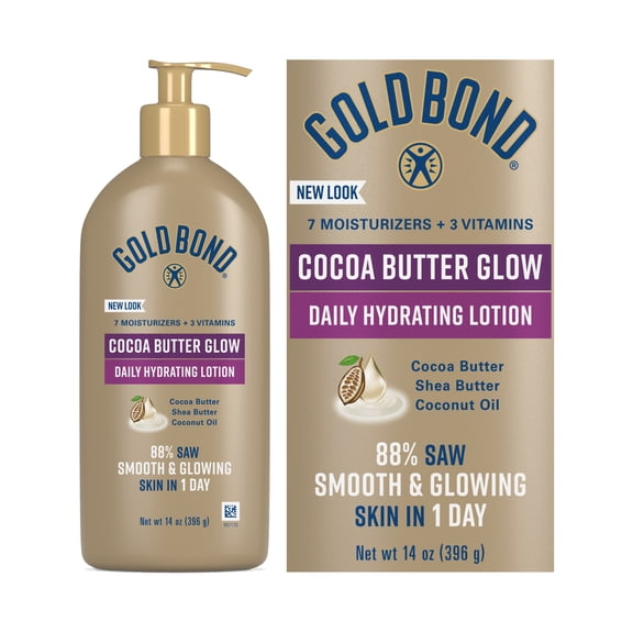 Gold Bond Cocoa Butter Glow Daily Hydrating Lotion with Shea Butter, Cocoa Butter & Coconut Oil, Exfoliating Moisturizer for Dry Skin, 14 oz.