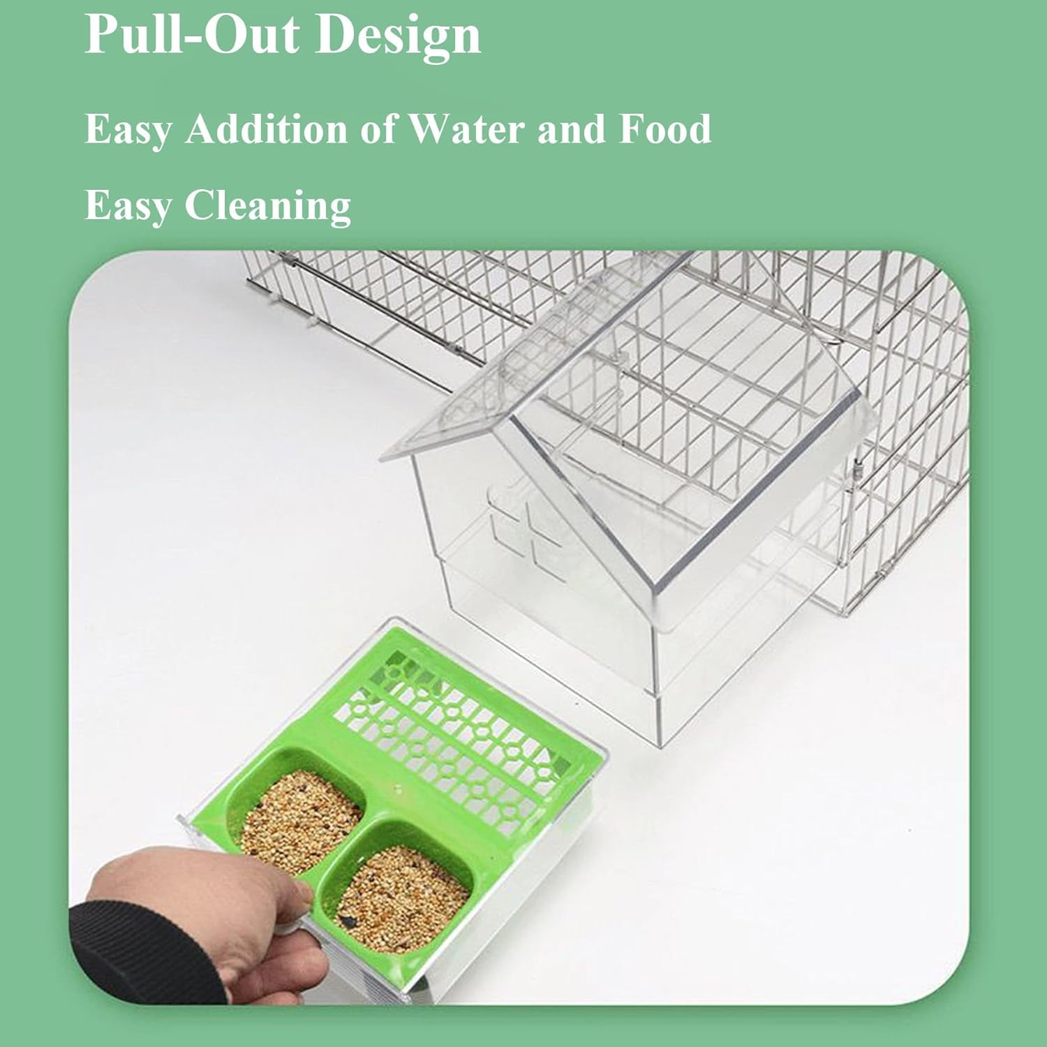 Pull-Out External Parrot Feeder - Transparent Bird Bath & Food Dispenser for Small Medium Birds, Easy to Clean Cage Accessory