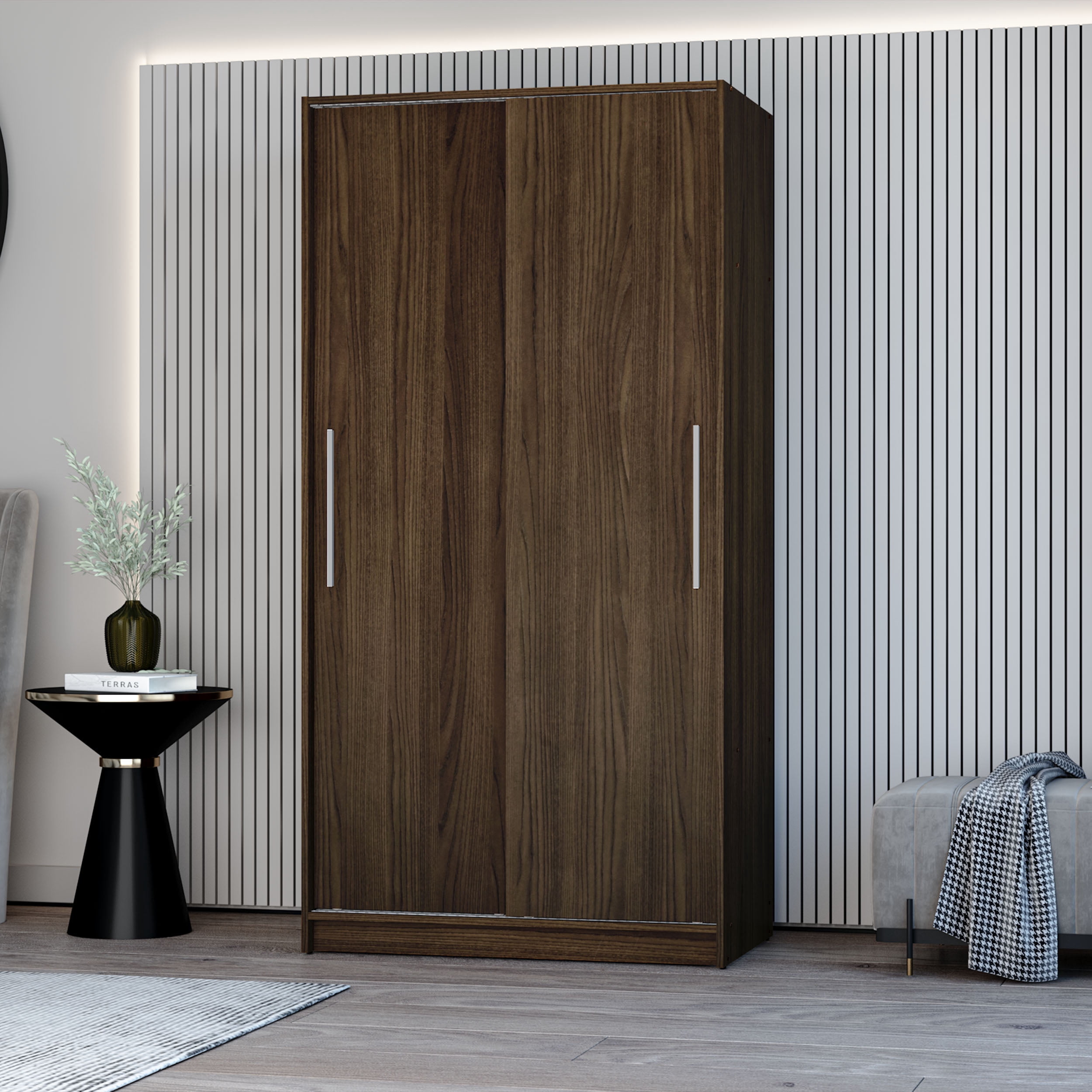 Polifurniture Denmark 71 in. Modern Bedroom Armoire with 2 Sliding Doors, Shelves & Hanging Rod, Walnut