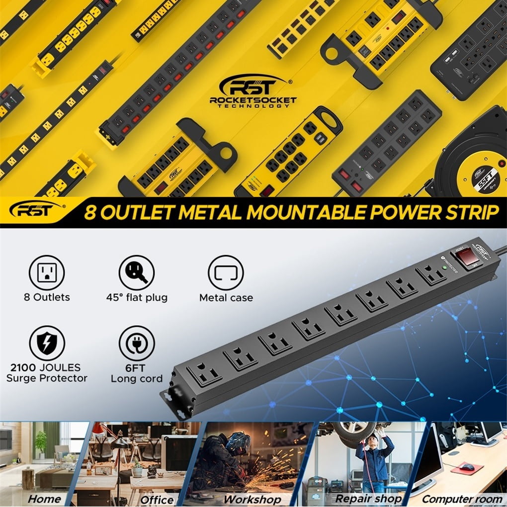 CRST Long Power Strip Surge Protector 8 Outlets Wide Spaced Socket Mountable 2100J with Angled Flat Plug Heavy Duty 6 Feet Extension Power Cord, Black