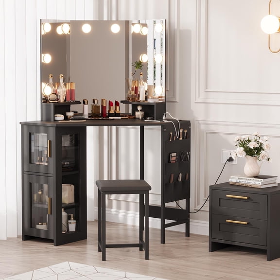 Corner Vanity Desk with LED Lighted Mirror Charging Station and Storage Cabinet with Stool-C