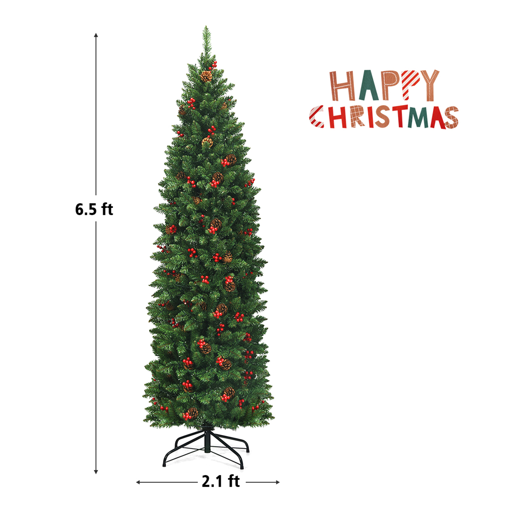 Gymax 6.5Ft Pre-Lit Pencil Christmas Tree Hinged Artificial Slim Tree W// Led