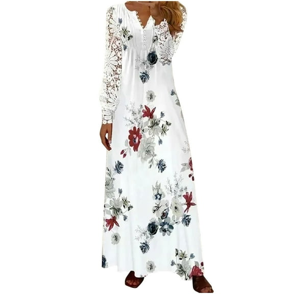 Herrnalise Women's Casual Waist Printed Button Lace Long Sleeve V-Neck Dresses S-5XL