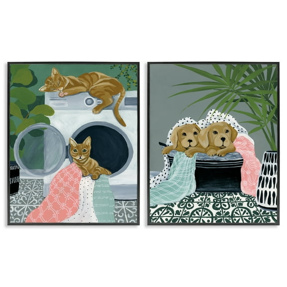 Stupell Industries Cats & Dogs Laundry Room Bath & Laundry Painting Black Framed Art Print Wall Art, 11 x 14, Set of 2