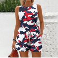 thumbnail image 4 of WTOBBY Women's Summer Color Block Print Two Piece Set Vest Sleeveless Top and Shorts Outfit Retro Style for Casual Fashion and Independence Day Themes ,Deep Red S, 4 of 6