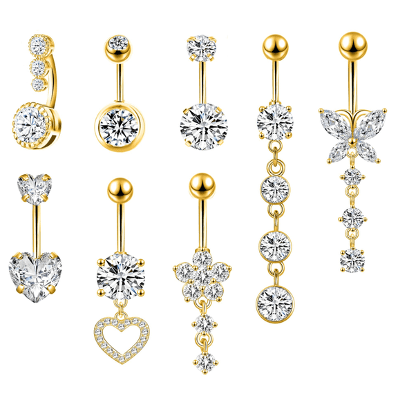 8 Pieces 14G Steel Gold Belly Button Ring Set, Hypoallergenic Navel Jewelry with Sparkling Crystals & Flowers, Adorable Dangle Piercings for Women