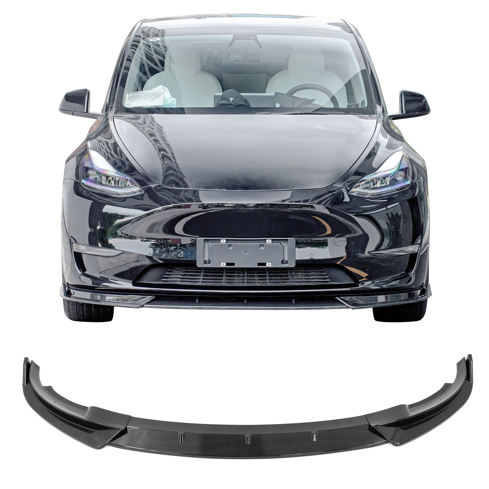 Ikon Motorsports 3PCS Front Bumper Lip Spoiler for 2020-2025 Tesla Y, IKON Style, PP Carbon Fiber Print
