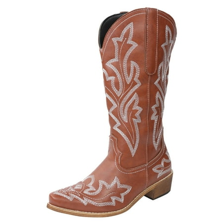 

BOBOGOJP Women Cowboy Ankle Boots with Classic Embroidered Pointy Toe Chunky Heels Pulled Up Women s Fashion Cowboy Boots (Brown 8)