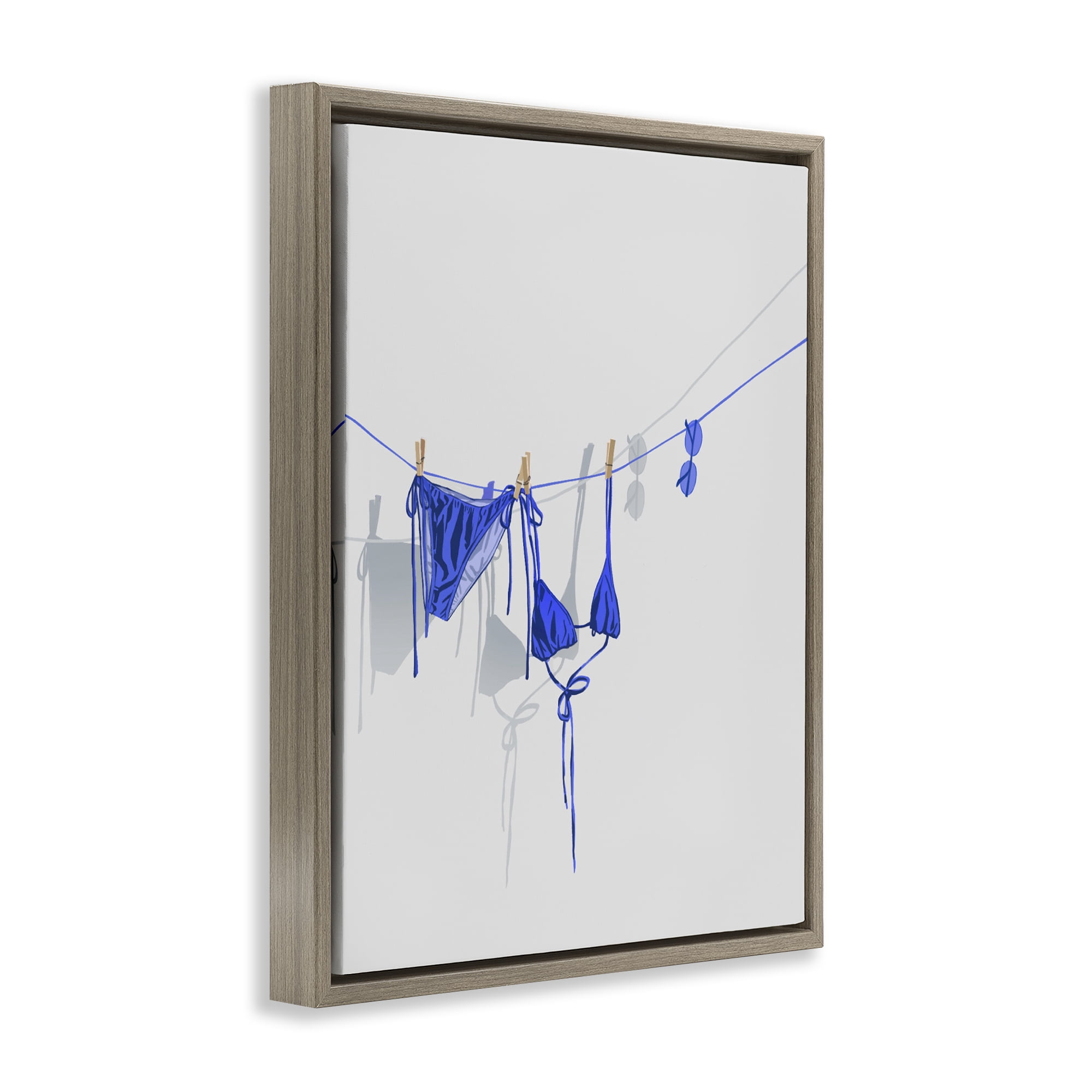 Stupell Industries Blue Bikini on Clothesline Brown Framed Floater Canvas Wall Art, design by Ziwei Li