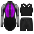 thumbnail image 3 of Aiihoo Kids Girls Gymnastics Ballet Dance Mesh Long Sleeve Shiny Rhinestones Leotard with Vest Shorts for Training Performance Purple 16, 3 of 5