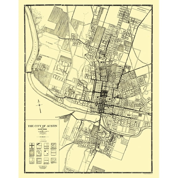 Historic City Map - Austin Suburbs Texas - Penick 1925 - Vintage Wall Art
