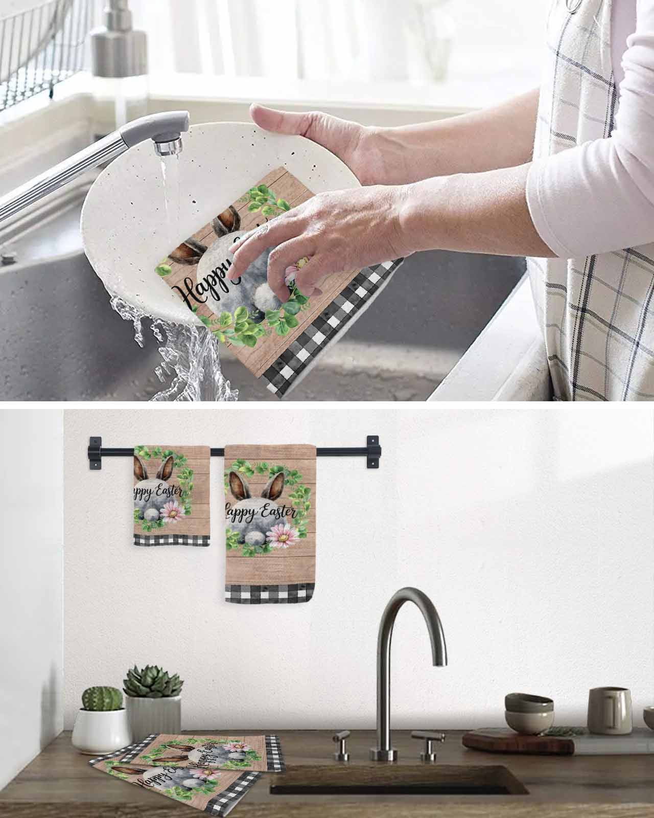 Grey Easter Kitchen Dish Towels for Drying Dishes Set of 3, Spring Watercolor Bunny Flower Leaf Wood Grain Waffle Weave Microfiber Hand Tea Bathroom Towels Quick Dry & Absorbent Towel 15.7x23.6