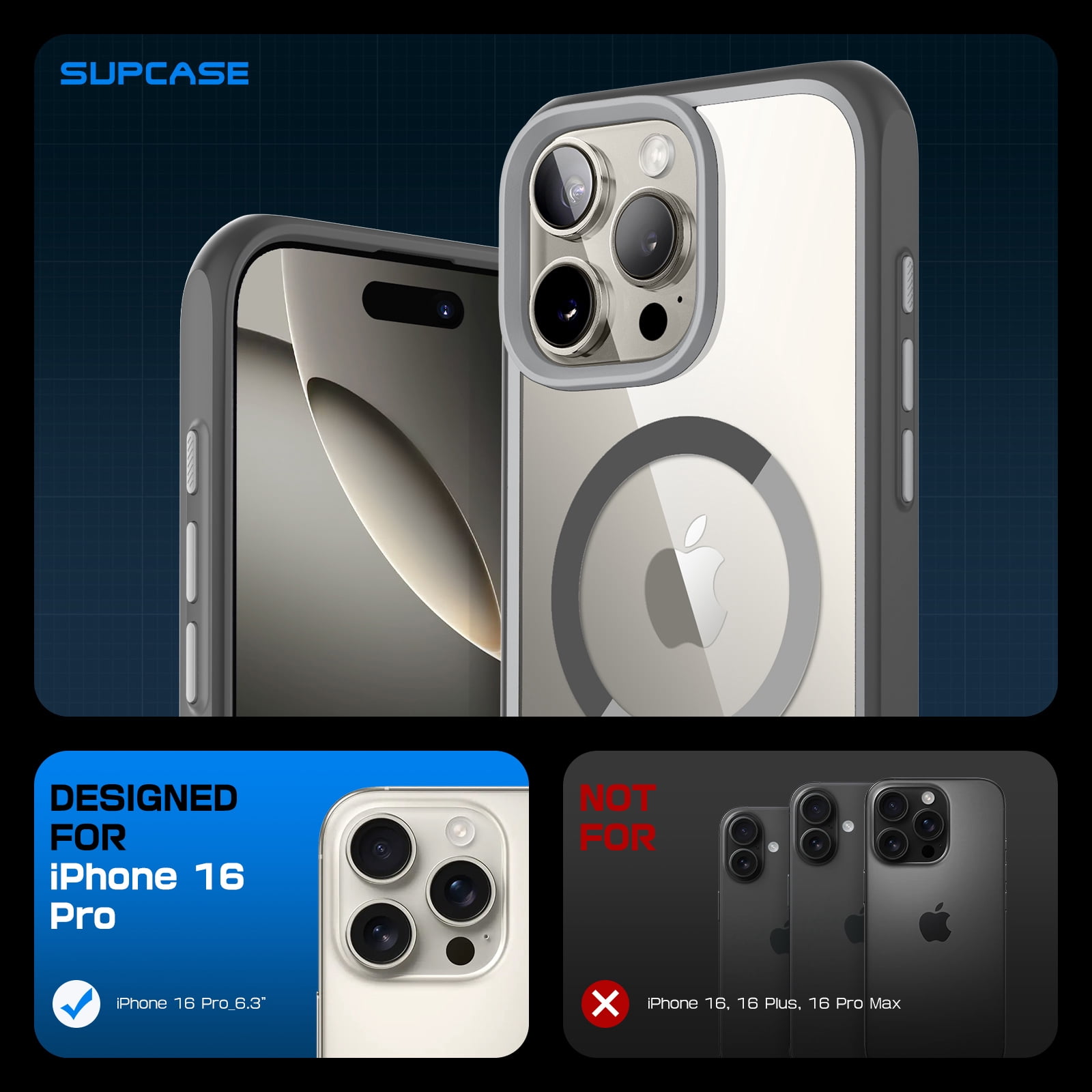 SUPCASE Quick Access Button Design for iPhone 16 Pro 2024 MagSafe Case, [Military-Grade Protection] Slim Clear Shockproof Protective Strong Magnetic Phone Case Cover for iPhone 16 Pro, 6.3", Gray