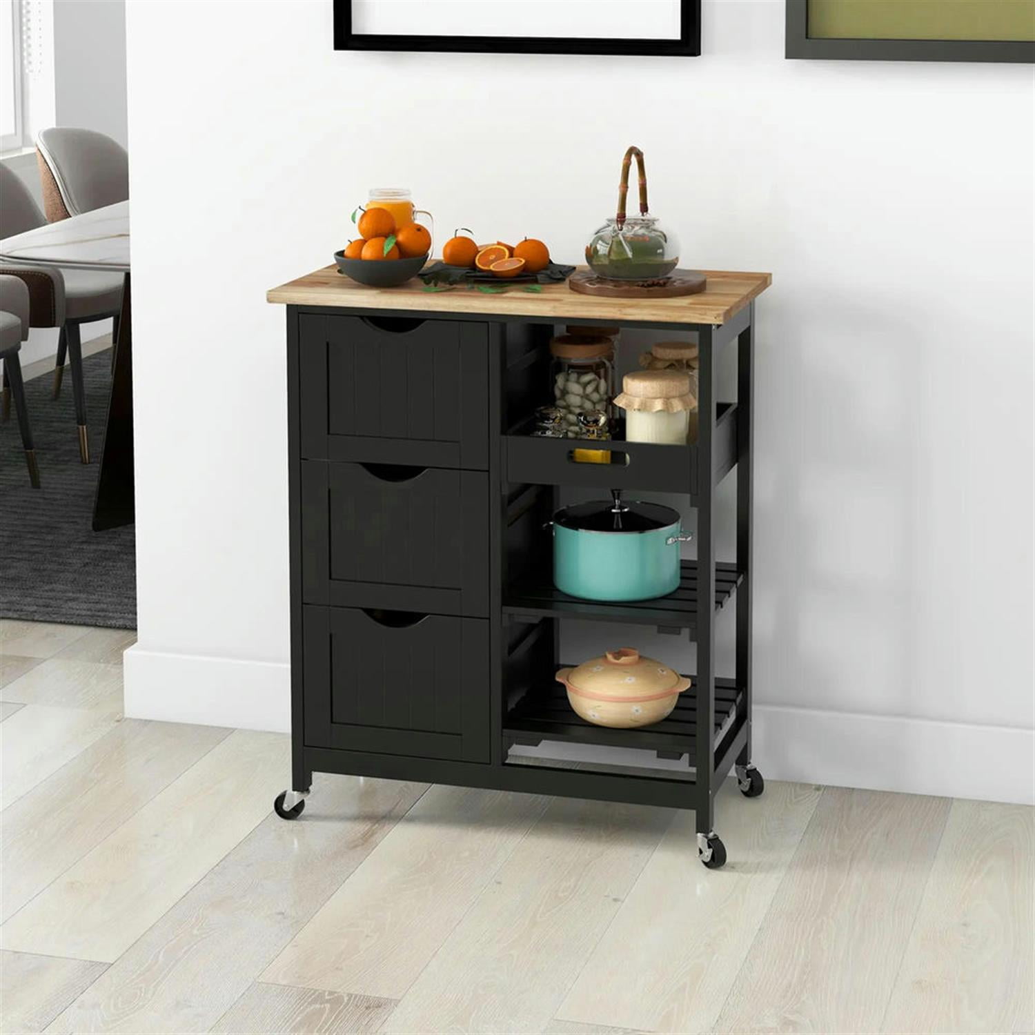 Demi Bonn 33" Kitchen Island Cart on Wheels with Storage, Rolling Dining Room Serving Utility Carts Mobile Movable with Wood Top and Drawer, Black