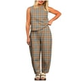 thumbnail image 2 of Qetyuw Women's Gingham Sets Loose Fit 2 Piece Outfits Chic Plaid Print Sleeveless Suits Crewneck High Waist Solid Color Wide Leg Sleep wear, 2 of 6