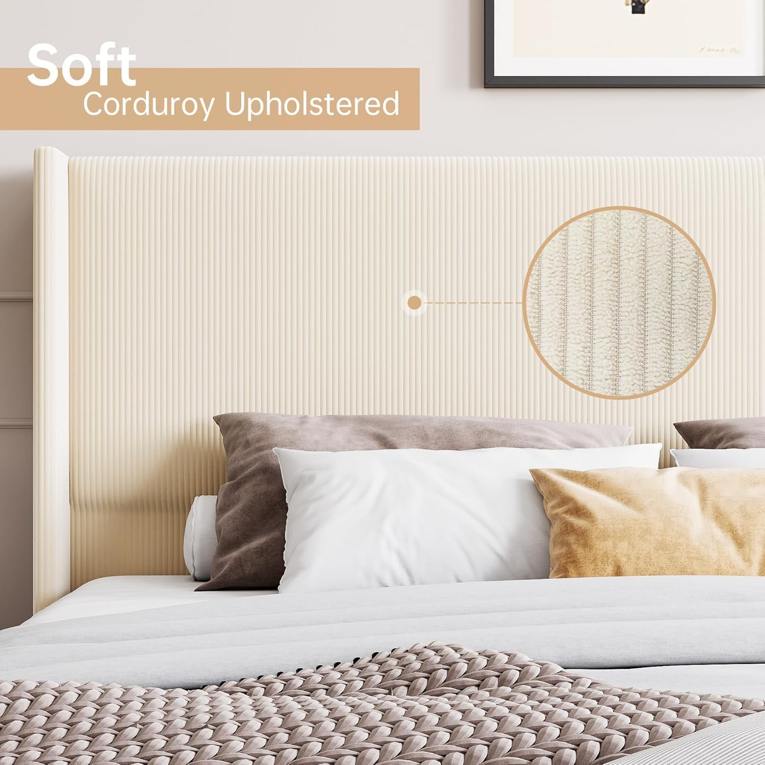 KOKEBREN QUEEN Size Bed Frame, Corduroy Upholstered QUEEN Bed Frame with Wingback Headboard, No Box Spring Needed, Solid Wooden Slats, Noise Free, Beige
