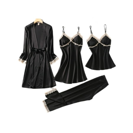 

Voguele Women Nightgowns Kimono Bathrobe Solid Color Robe Set Lounge Wear Pajama Dress Soft Sleepwear Suit Black M