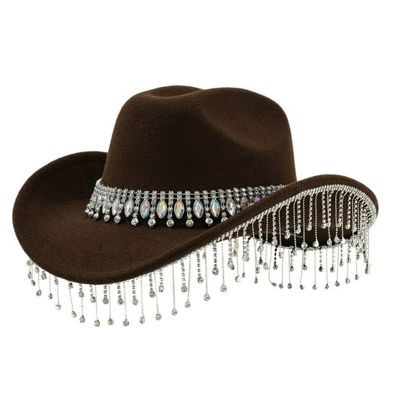 Fgnfyis Stylish Western Cowboy Hat For Women Men With Large Round Gemstone Rhinestone Fringe Decorations Ideal Party Event Accessory Coffee One Size