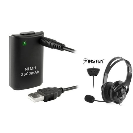Insten Black Headset With Noise Canceling Mic + Replacement Battery with USB Cable For Xbox 360