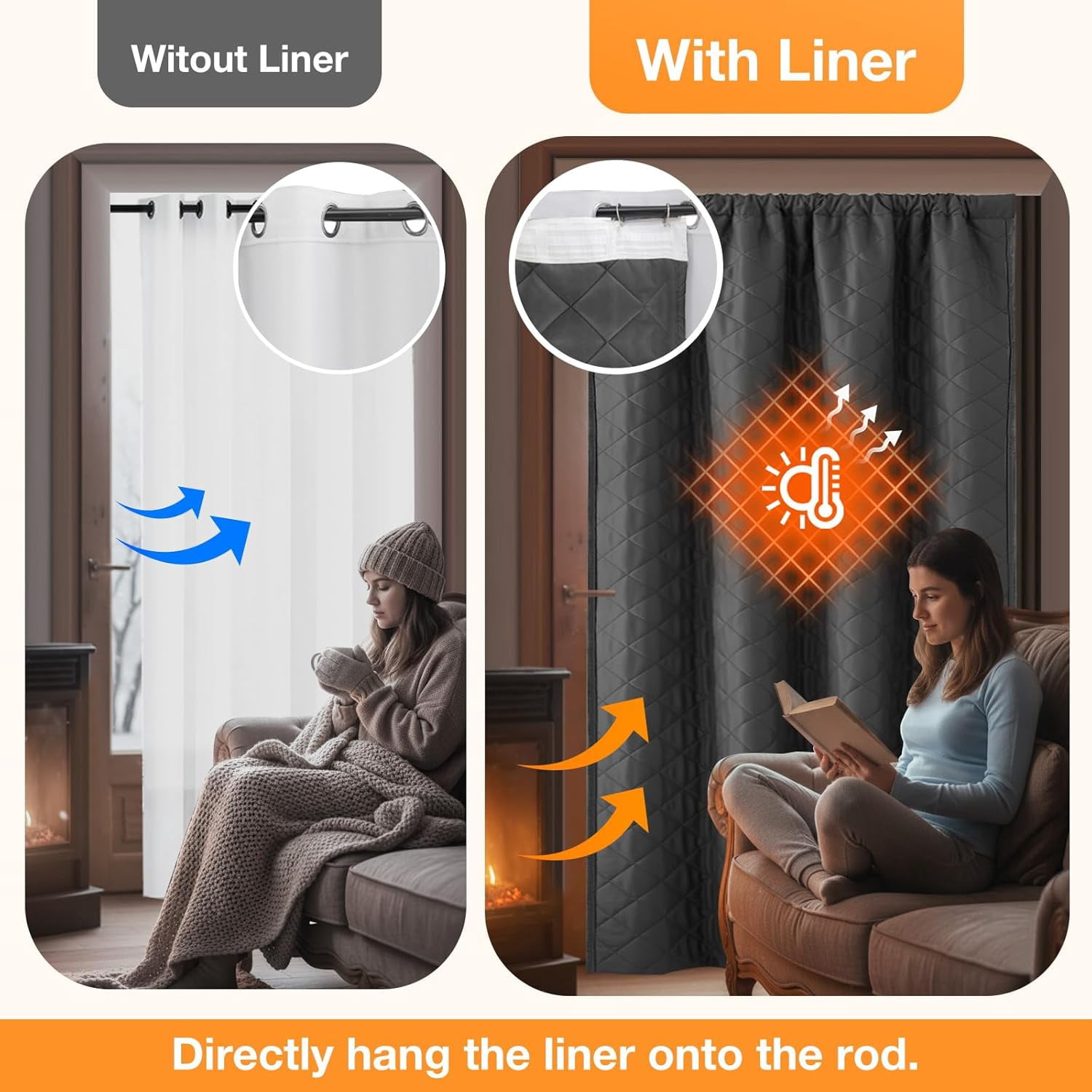 Lapalife Quilted Thermal Insulated Curtain Liner for Winter, Functional Heading Light Heat Sound Cold Blocking Winter Curtain Door Curtain for Living Room Bedroom, 1 Panel