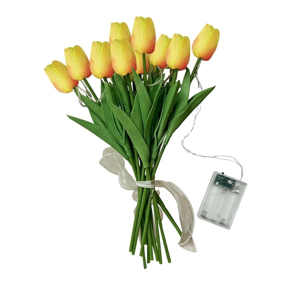 SHURUIMA Tulip LED Light Bouquet, Artificial Flower Night Lamp, Durable PU Material, 13.8 Inch, 10Pcs Faux Tulip Flowers for Bedroom Table Decor with Ribbon