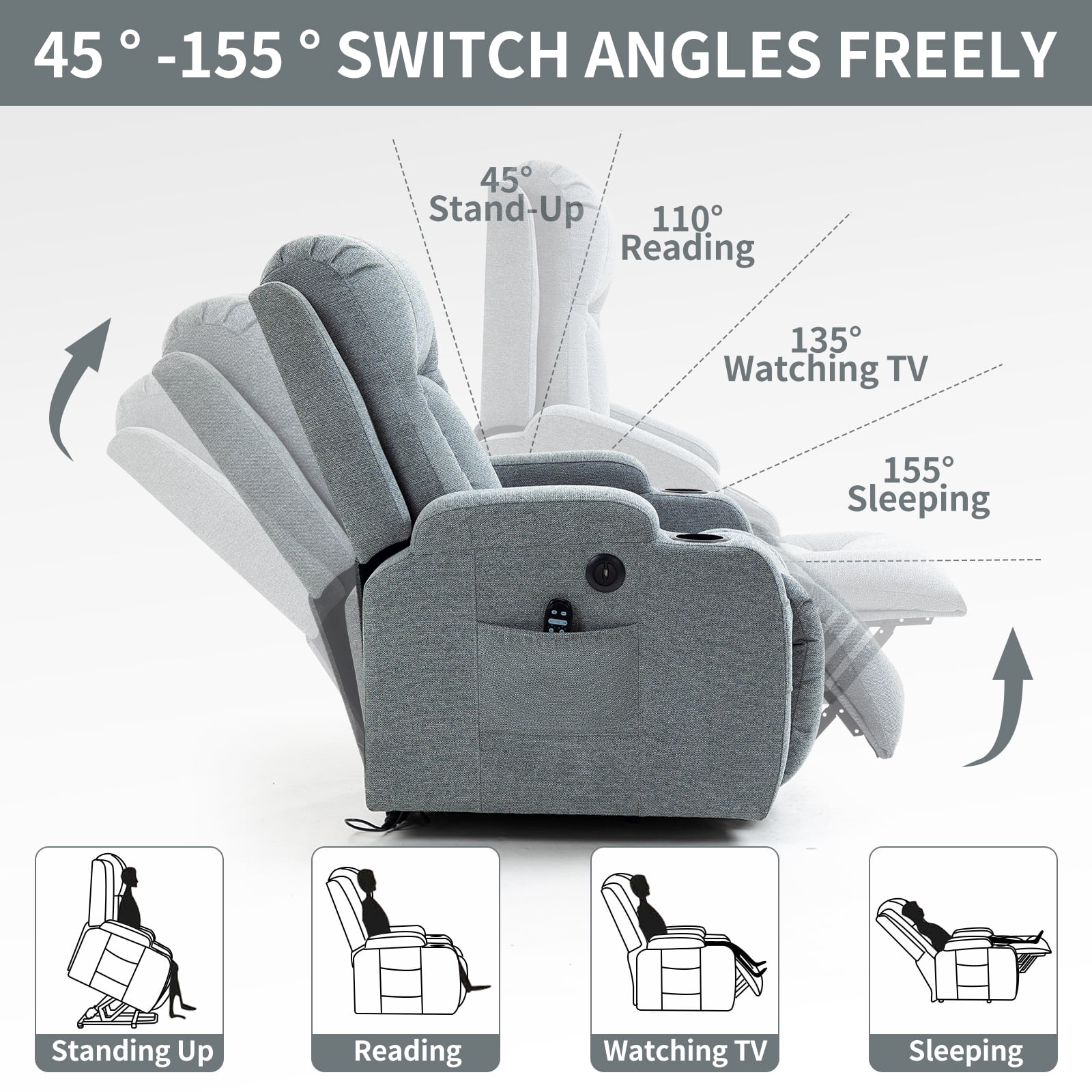 Power Lift Recliner Chair with Heat and Massage, 8-Point Vibration & Lumbar Heat, 350LB Capacity, Infinite Position, USB Charger, Side Pockets, Soft Fabric for Elderly, Gray