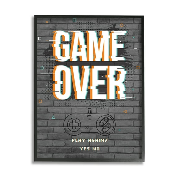 Stupell Industries Game Over Gamer Phrase Retro Controller Brick Pattern Graphic Art Black Framed Art Print Wall Art, 16x20, by Angela Nickeas