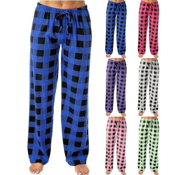 PXLKNZH Straight Leg Pants for Women Trendy Plaid Print Drawstring Waisted Casual Pants Soft Comfy Pajamas Pants Loungewear Blue,L