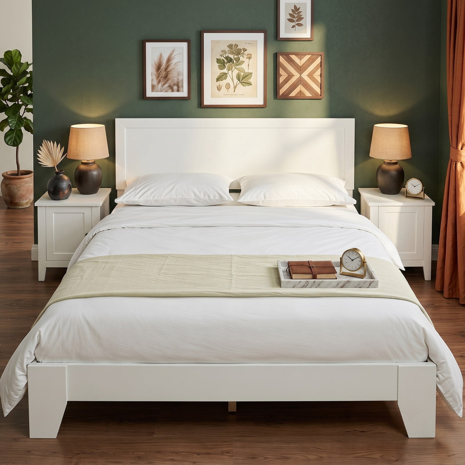 Furnibear Queen Bed Frame with Headboard, Modern Wood Platform Bed with Panel Headboard, Wooden Slats and Tapered Legs, White