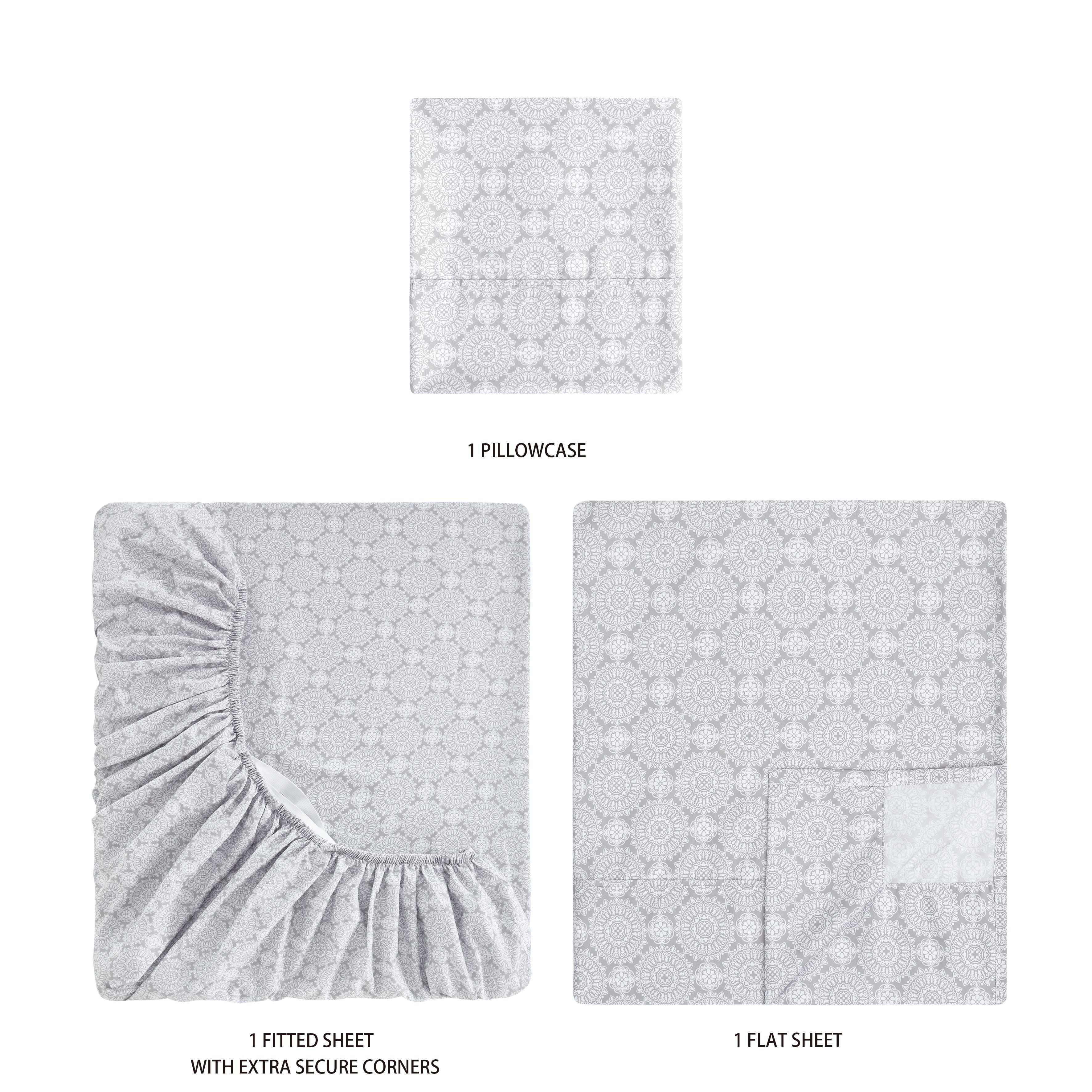 Mainstays Super Soft Brushed Microfiber Bed Sheet Set, Gray Medallion, Twin-XL, 3 Piece