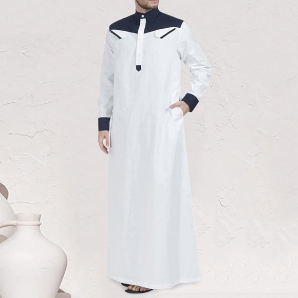 Men's Casual Color Contrast Robe Long Sleeve Half Zipper Jubba Thobe Shirt Dresses Long Sleeve Mens Dress Shirt Non Dress Shirts Men Button up Men Mens Summer Long Sleeve Shirts Shirt in Slim Fit