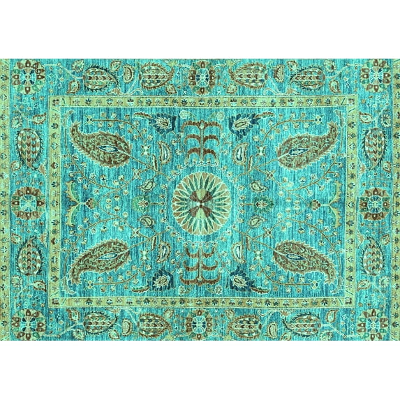 Ahgly Company Machine Washable Indoor Rectangle Oriental Turquoise Blue Traditional Area Rugs, 5' x 8'