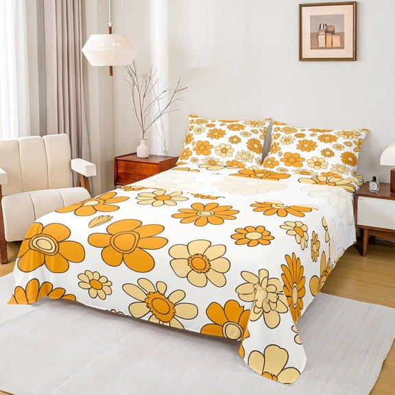 Manfei Country Floral Twin Sheet Sets,Rustic Daisy Twin Fitted Sheet,Yellow White Flat Sheet For Kids,Breathable Home Decor,3-Piece