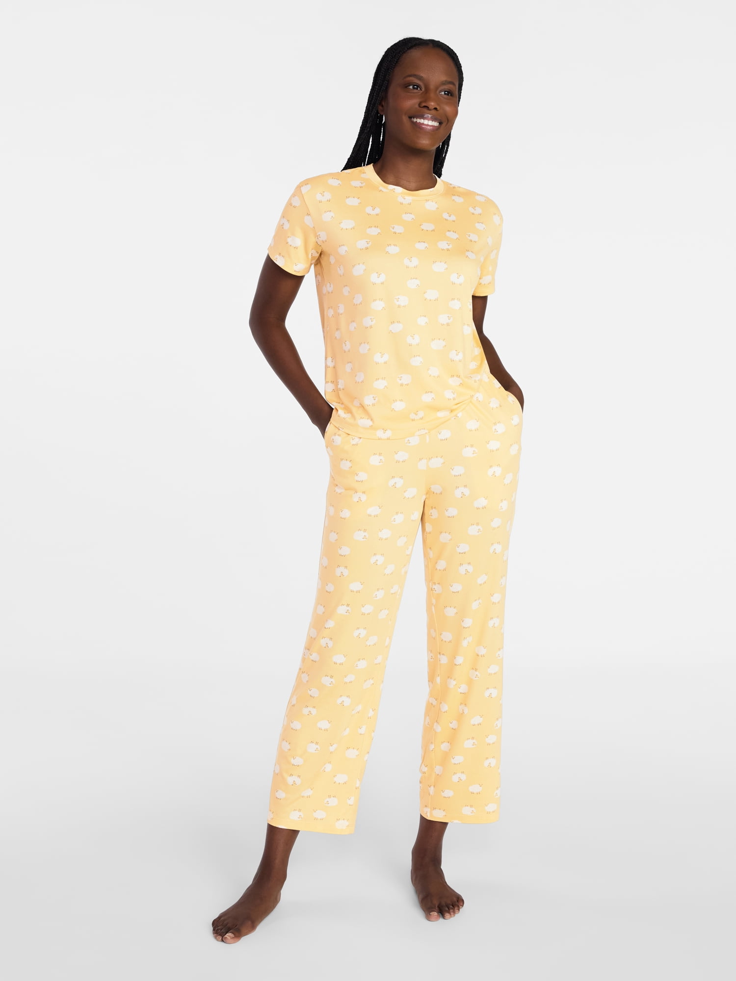 Joyspun Women's Dreamy Soft Collection Short Sleeve Sleep Top and Open Leg Pants Pajama Set, 2-Piece, Sizes XS-3X