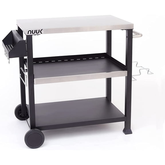 NUUK Outdoor Grill Cart with Wheels, 20" x 32" Movable Food Prep Table Stand, Heavy-Duty Prep Station with Hook, 3-Shelf Pizza Cart for Patio