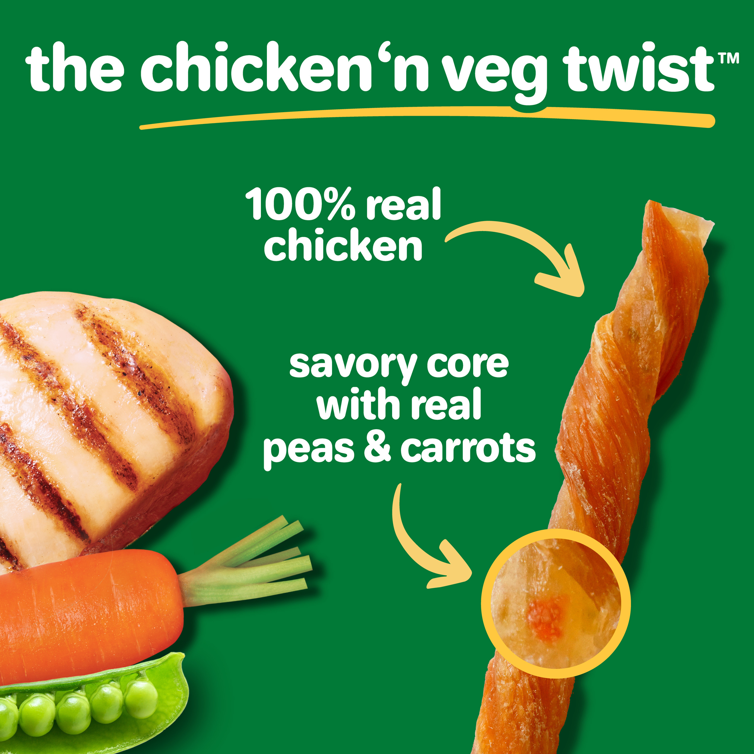 Hartz Oinkies Chicken 'n Veg Twists, Real Meaty Dog Chews with 100% Real Chicken, Pea and Carrots, 7.1 oz Bag, 20ct