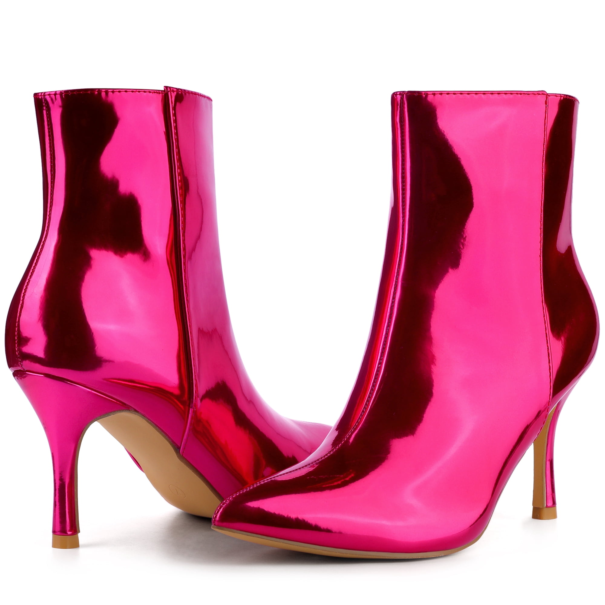 Unique Bargains Mirror Leather Pointy Toe Zipper Stiletto Heels Ankle Boots for Women Hot Pink 7