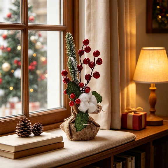 Luoshdecor Christmas Decorations Artificial Plants,Mini Tree Branches with Red Berries for Indoor Home & Office Tabletop Centerpieces Decor